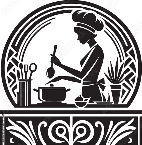 Silhouette of a chef cooking in a kitchen, a minimalist and elegant design
