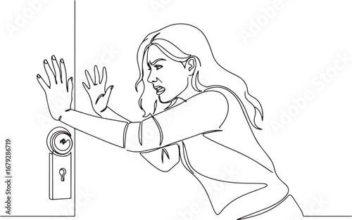 Continuous line drawing of woman in distress pressing against do