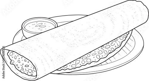 Elegant line drawing of Masala Dosa, traditional South Indian pa