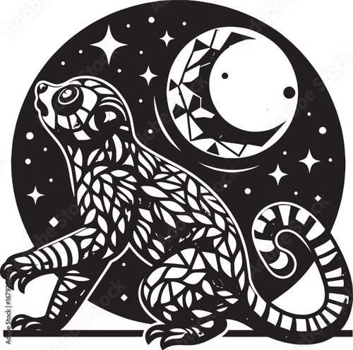 Intricate Black and White Illustration of a Lemur Contemplating the Moon and Stars in the Night Sky