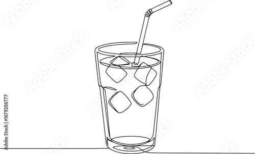 Elegant single line drawing of iced coffee in glass with straw a
