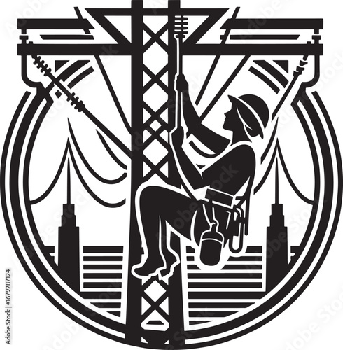 Silhouette of an Electrician Climbing a Power Pole with Cityscape Background