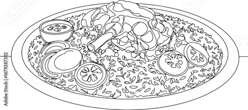 Monochrome line art depiction of a traditional middle eastern ri