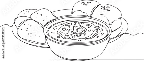 Monochrome line art depicting a bowl of pav bhaji with buttered