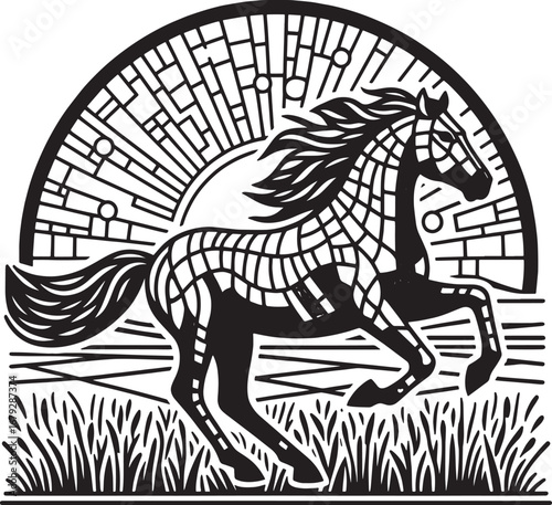 Black and White Vector Illustration of a Horse Running with Artistic Sun and Field Details