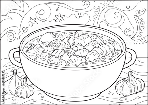 Detailed line art of hearty sancocho bowl with garnishes for col