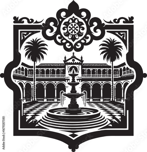 Elegant Black and White Architectural Illustration of a Courtyard with a Fountain and Palm Trees