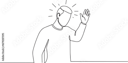 Continuous line drawing of a man waving hand greeting with radia