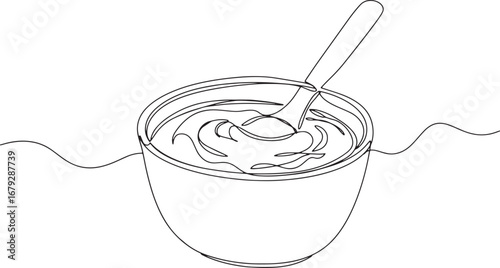Minimalist line art depicting a bowl of sauce with a spoon, culi