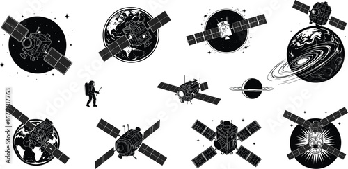 Satellite space technology, Earth observation, astronaut exploration, orbiting satellites, space communication, scientific research, planetary monitoring, aerospace equipment, vector illustration