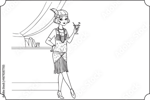 Elegant flapper illustration in black and white evokes roaring t