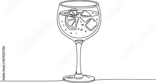 Continuous line art of a refreshing cocktail with lemon and ice