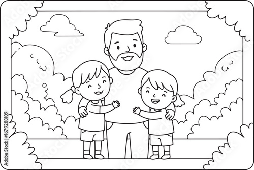 Adorable cartoon depiction featuring a father lovingly embracing