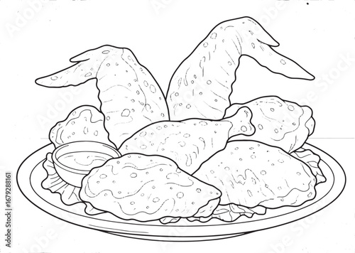 Detailed line art illustration of fried chicken wings and drumst