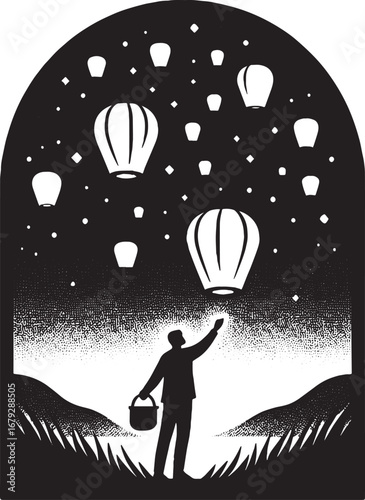 Silhouette of a Person Releasing Lanterns into the Night Sky with a Scenic Landscape