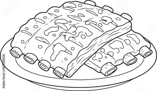 Hand Drawn Illustration of Delicious BBQ Ribs Served on a Plate