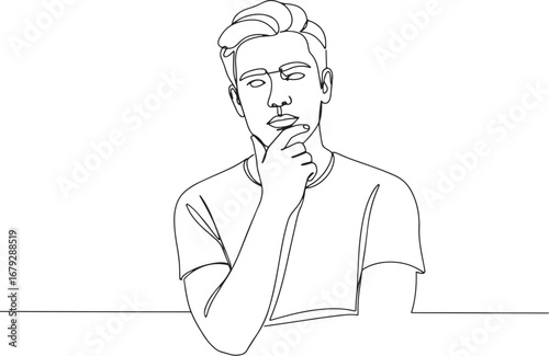 Continuous line drawing of a thoughtful man pondering creative s