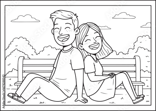 Whimsical monochrome illustration of a couple relaxing on a park