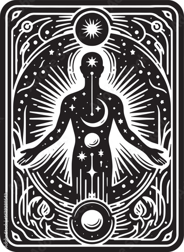 Intricate Black and White Illustration Depicting a Celestial Human Figure Surrounded by Ornate
