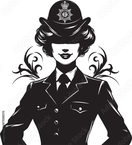 Illustration of a Police Woman in Uniform, Black and White, Stylish and Classic