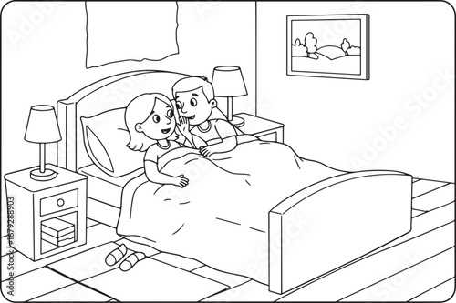 Black and white illustration of a young couple whispering in bed