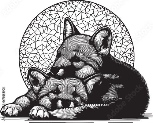 Black and white illustration of two foxes in an embrace with a geometric background