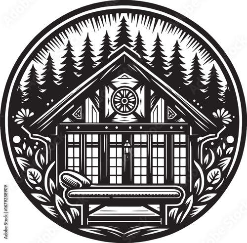 Elegant Black and White Illustration of a Cozy Cabin Surrounded by Majestic Pine Trees