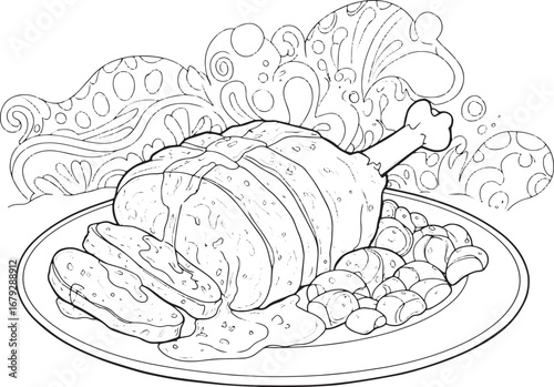 Detailed illustration of a venison roast dinner, complete with a