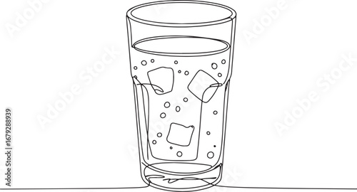 Minimalist single line drawing of Kvass drink glass with ice cub