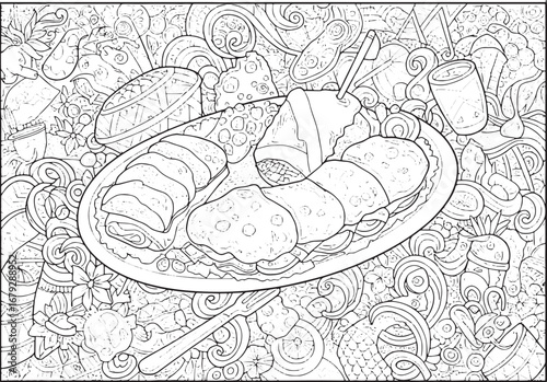 Detailed line art illustration depicting a plate of Trinidad dou