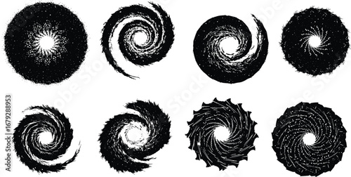 Set of 8 black and white spiral galaxy, vortex, cosmic whirlpool, space swirl, abstract galaxy, celestial vector illustrations