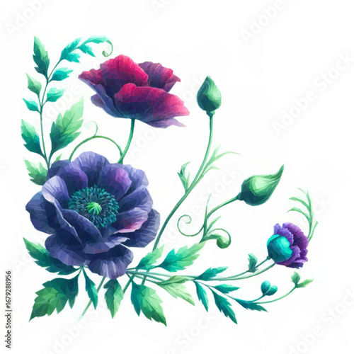 Eckrahmen aus floralen schwarz blauen Mohnblumen. Vektor Design aus Low Poly. Dunkel romantisches Halloween Element vor weißem Hintergrund. 