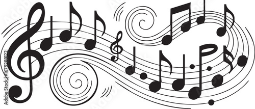 Music notes wave. Flowing musical staff lines with notes, clefs and melody rhythm patterns in dynamic circular, spiral and wavy shapes. Elegant swirling compositions for music posters. Vector 