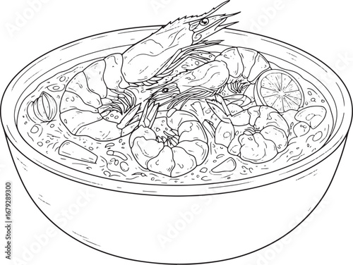 Exquisite line drawing showcasing Indian prawn curry in an artis