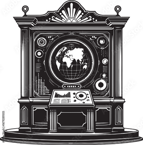 Intricate vintage illustration of a world map display within a classic architectural frame design