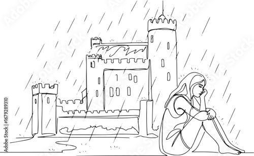 Solitude in monochrome: a lone woman's reflection under castle's