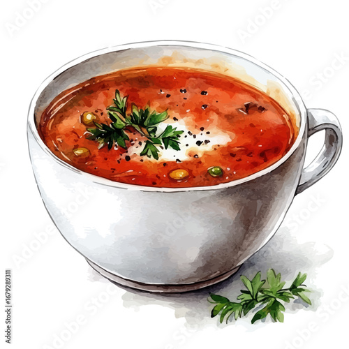 Hot Soup Bowl Winter, watercolor clipart vector, isolated on a white background.