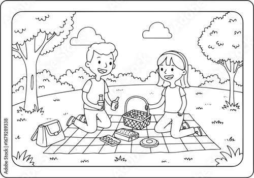 Line art of a happy couple enjoying a picnic in a park setting w