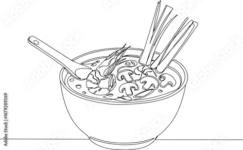 Continuous line drawing of tom yum soup, thai cuisine with shrim