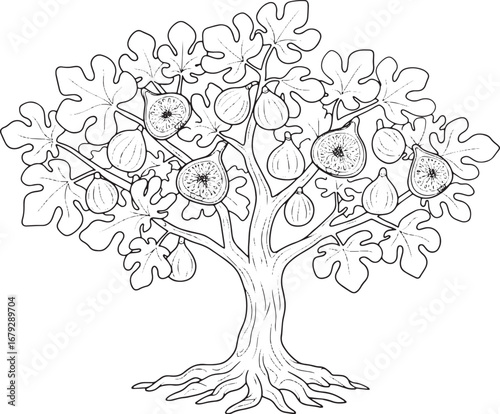 Detailed monochrome illustration of a fig tree with leaves and f