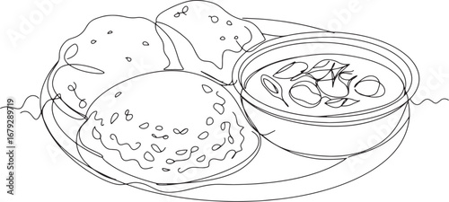 Continuous Line Drawing of Kerala Appam and Stew Offering Culina