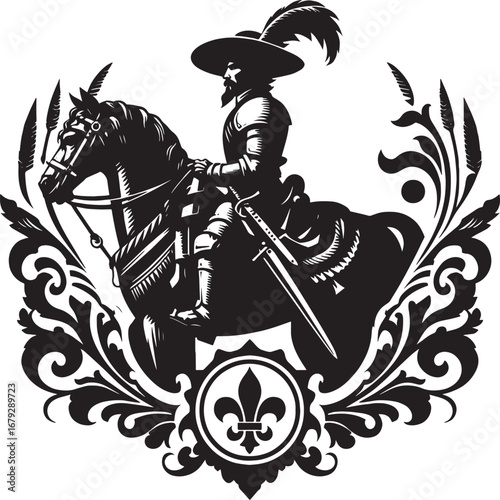 Illustration of a Medieval Knight Riding a Horse in a Decorative Ornamental Frame Design