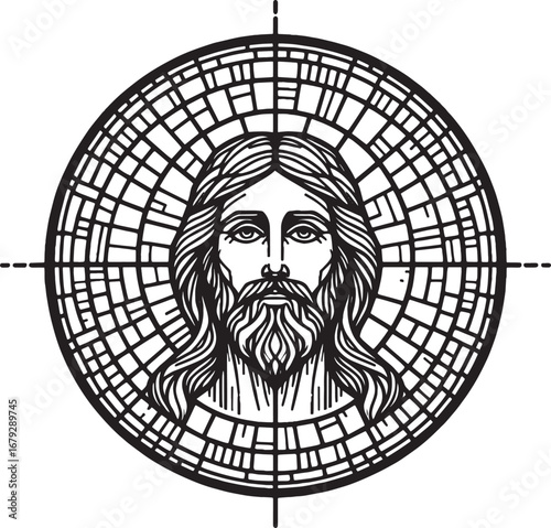Detailed black and white illustration of Jesus Christ within a circular geometric design