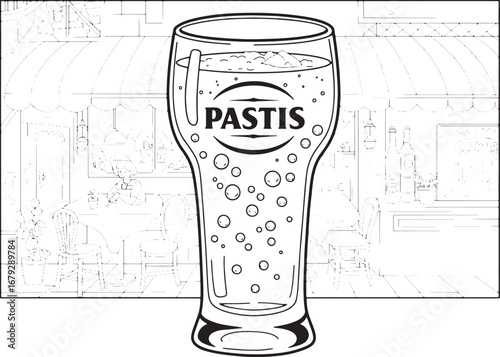 Pastis drink illustration with a classic Parisian bistro in the