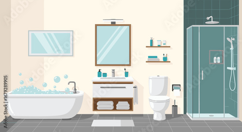 Relaxing bubble bath and shower in a modern bathroom perfect for spa day promotions or interior design