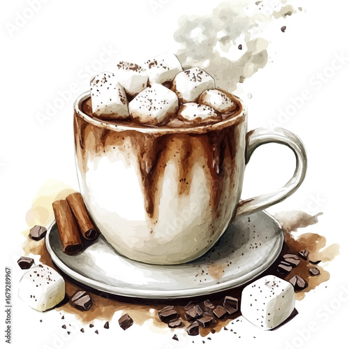 Hot Cocoa Steaming Cup, watercolor clipart vector, isolated on a white background.