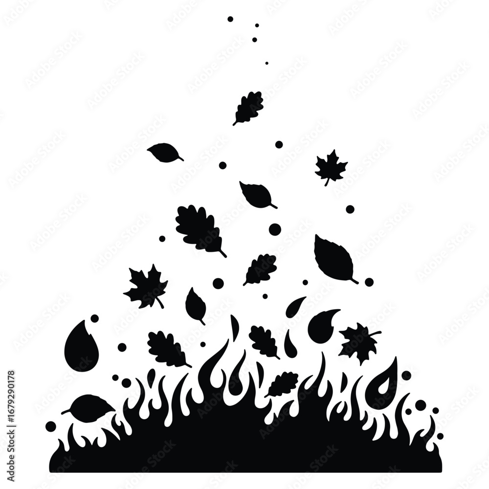 Naklejka premium Abstract Falling Leaves and Rising Flames Silhouette Design for Autumn or Wildfire Concept Illustration and Creative Black on White Composition