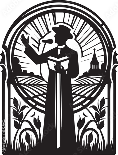 Silhouette of a preacher with a microphone delivering a sermon against a scenic background