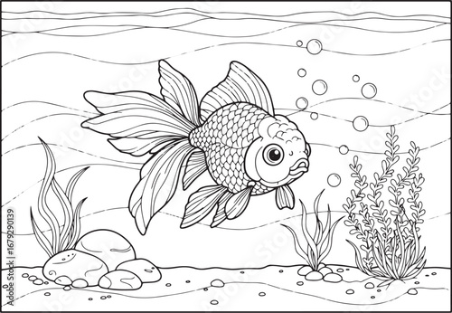 Cute cartoon goldfish swimming underwater with plants and rocks