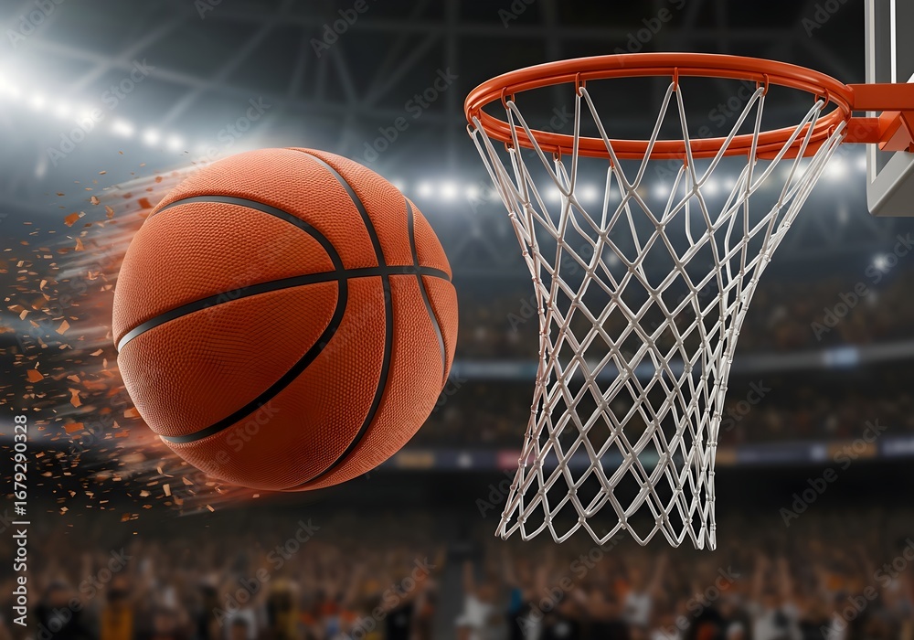 Fototapeta premium Basketball scoring a point, A basketball is at the moment of swishing through a net, with no rim touch, perfectly scored, Nothing But Net: The Perfect Shot